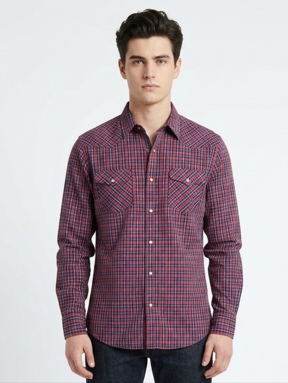 Banana Republic Men's Slim Fit Plaid Western Snap Shirt Large Red Blue Cotton